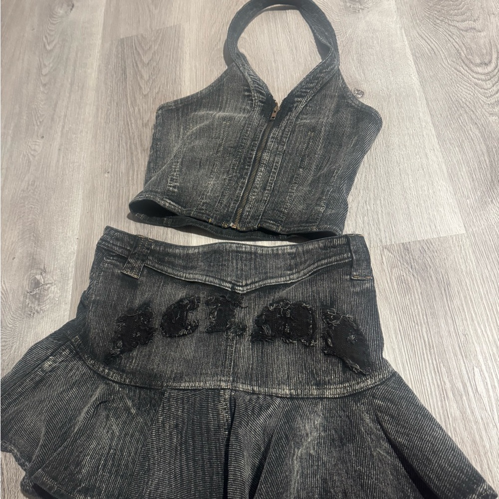 Vintage Black Denim Halter Top and Skirt Set